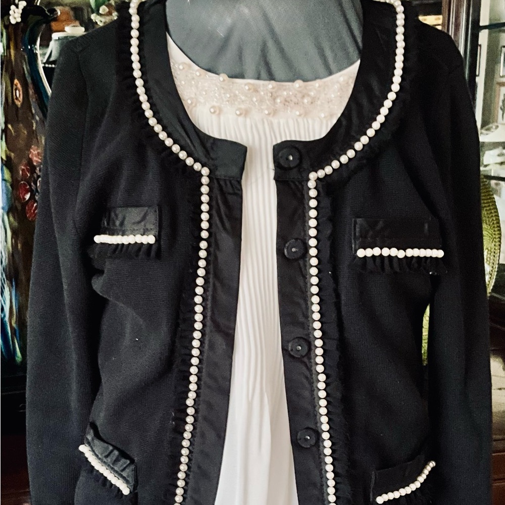 Black Pearl-Trim Tweed Jacket with Fringe Details